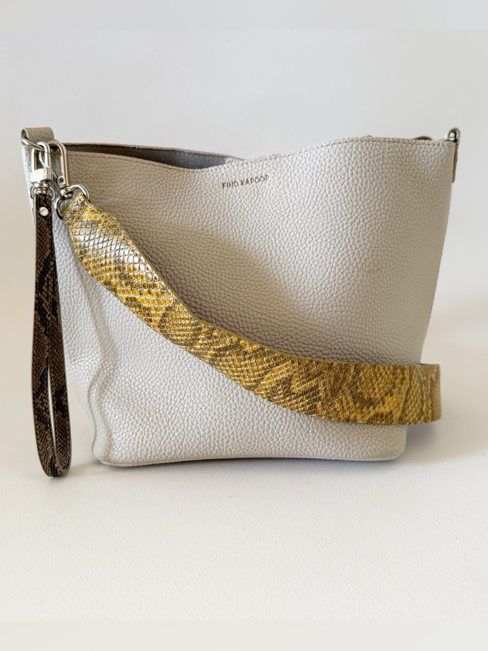 Find Kapoor Pingo Bag Crossbody Faux Pebbled Leather Snake-Print Strap Cream